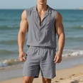 thumbnail image 2 of Paiyanr Cotton Linen Sets for Men Summer Breathable Tank Tops Shorts 2 Piece Outfits Solid Color Casual Sleeveless Shirt Drawstring Waist Beach Shorts Sets, 2 of 9