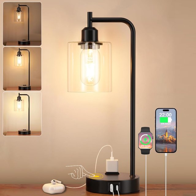 Lámpara de Mesa y Buró táctil, Lámparas de Mesa con 2 Puertos USB (A+C) y 1 Salidas de CA, 3 Niveles de Brillo, Lámpara de Escritorio para Dormit