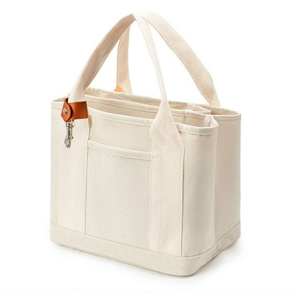 Muka Mini Canvas Tote Bag with Lobster Clasp, Multi-Pocket Cotton Tote Bag-Natural