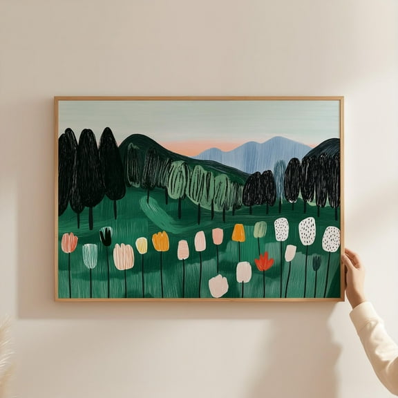 Whimsical Forest Flower Print, Colorful Tulip Field Wall Art, Green Woodland Landscape, Playful Modern Nature Print Decor, Wall Art, Modern Wall Decor, 8x12 UNFRAMED