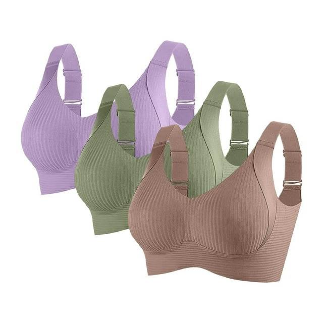 HongQid 3PCS Seamless Push-Up Bra, Women's Ribbed Push Up Adjustable Wireless Bra, Sports Bras