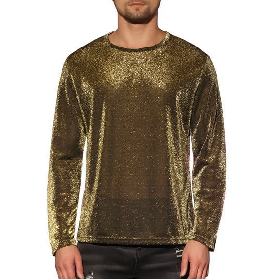 INSPIRE CHIC Mesh Sheer T-Shirt for Men's Long Sleeves Club Party Tee Tops M Golden