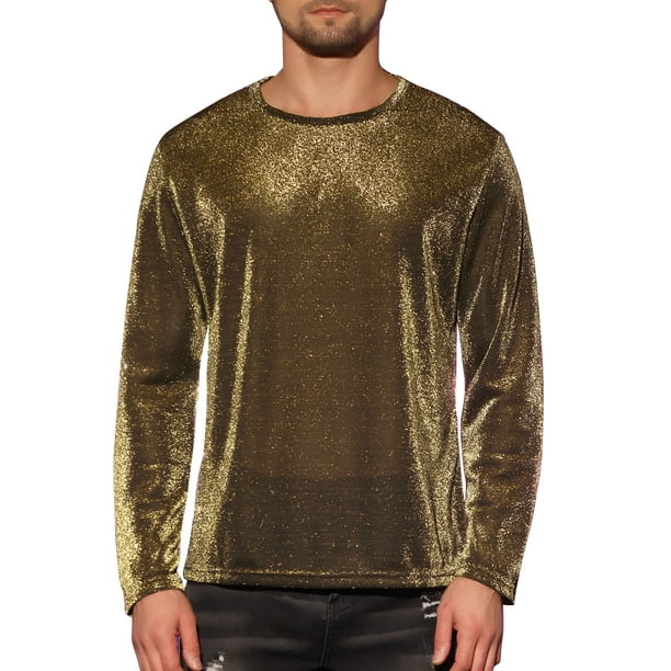 Camiseta de manga larga INSPIRE CHIC de malla transparente para hombres, camiseta de fiesta de club S dorada