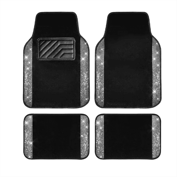 Car Floor Mat Set Universal Non-Slip PVC Heel Pad Bling Diamond Print Pattern All-Weather Foot Protector