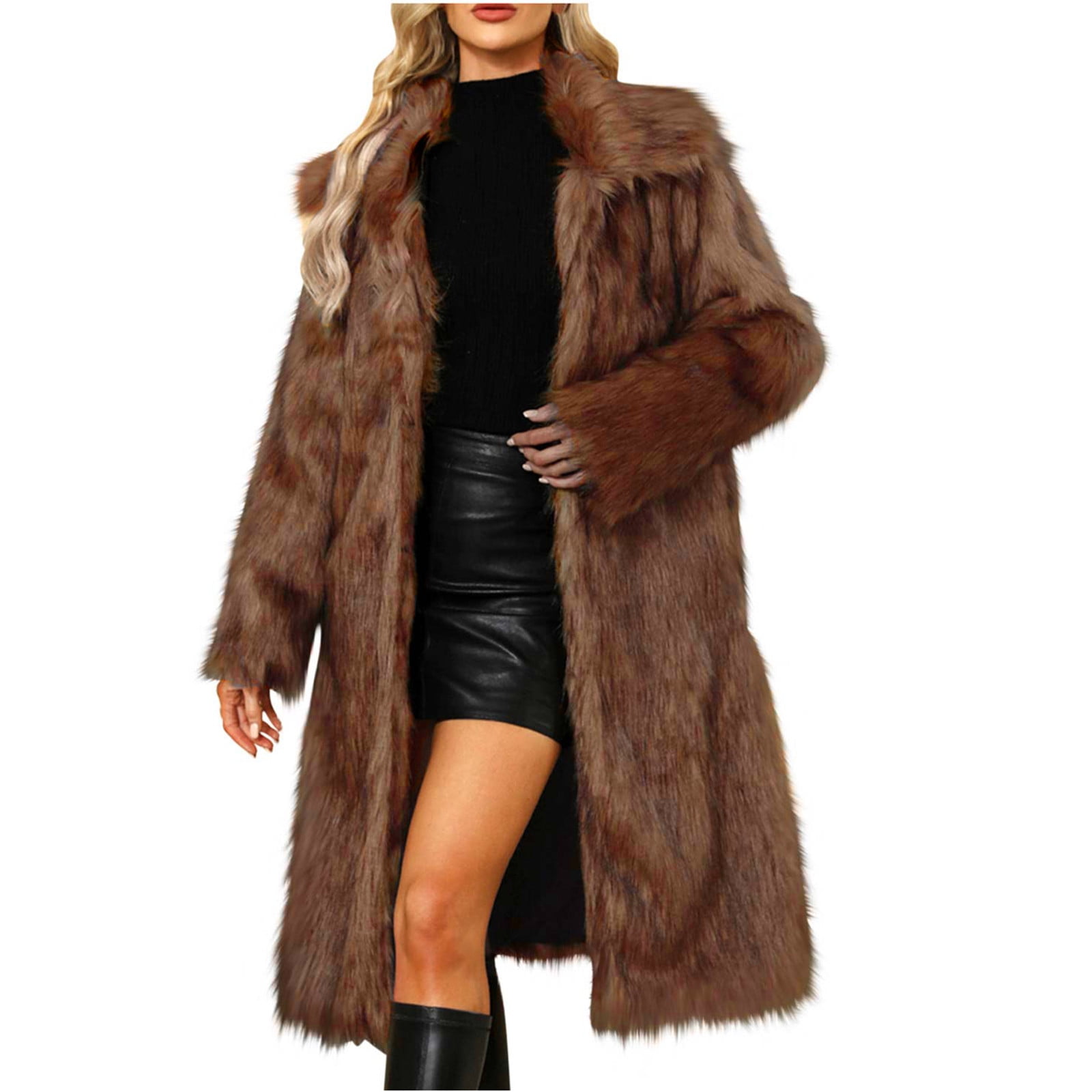 WRKEKC Women's Faux Fur Long Coat V-Neck Open Front Elegant