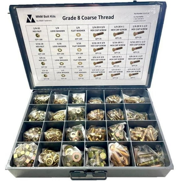 1,250 piece Grade 8 Coarse Thread Nut Bolt & Washer Assortment Kit with Metal Drawer