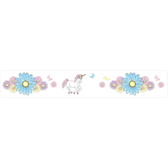 Unicorn Border Wall Decals with Rainbow Colored Flowers and Butterflies for Girls or Kids Room Nursery Wall Sticker Decor
