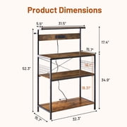 Beddle Kitchen Baker's Rack with Power Outlet, 31 Industrial 4-Tier Storage Shelf, Metal Frame with Rustic Wood Shelves