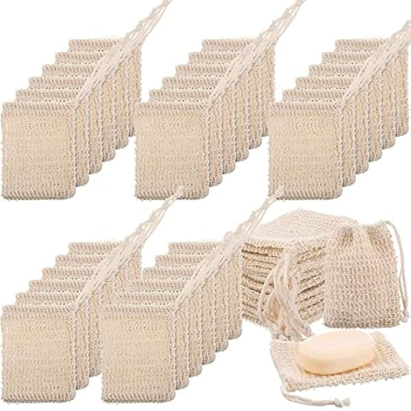 wonima11 150 Pcs Soap Exfoliating Bag, Natural Sisal Soap Pouch Saver Body Shower Bar Mesh Body Net with Drawstring for Foaming and Drying