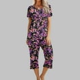 thumbnail image 2 of Moxiu Pajamas for Women Set Summer Short Sleeve Crewneck Top with Capri Pants Pjs 2 PIece Soft Comfy Lounge & Sleepwear Set 2025 Multicolor,M, 2 of 7