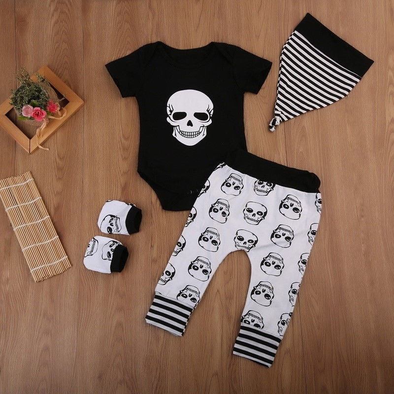 Pudcoco Newborn Infant Kids Summer Baby Boy Girl Skull Clothes Romper Long Pants Hat 4pcs Outfits Set Fit For 0 18m Other