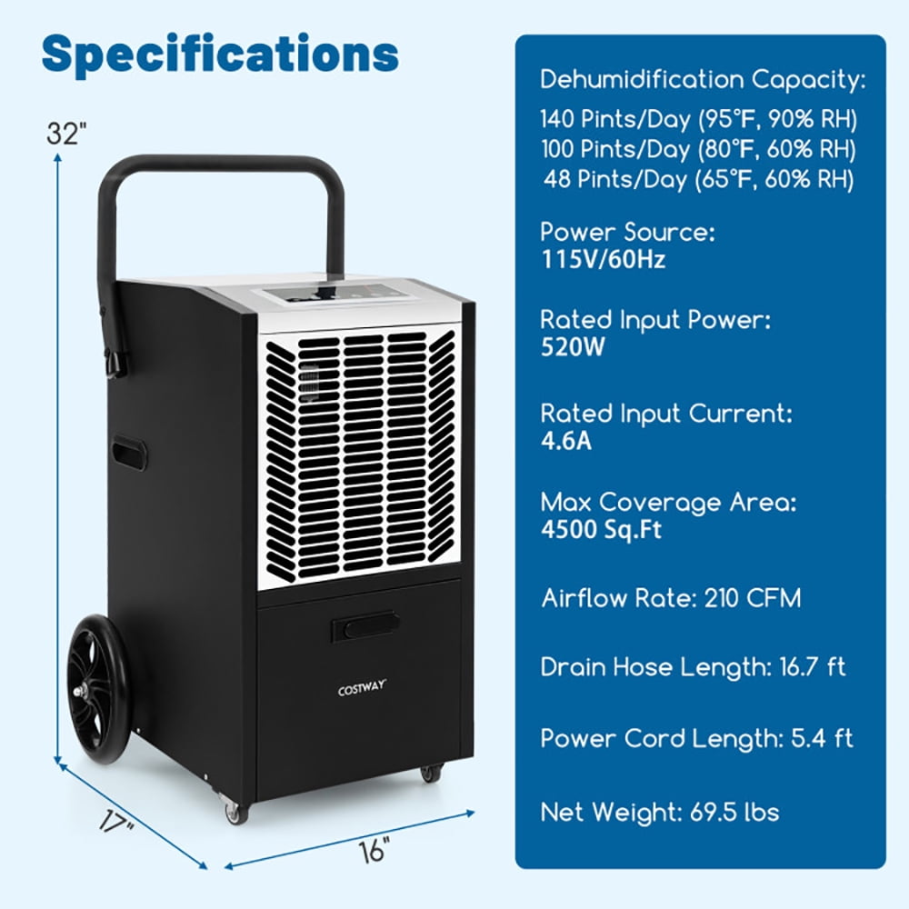 Yardi Yard 140 Pints Commercial Dehumidifier Crawl Space Dehumidifier with Pump and Drain Hose-White, Dehumidifiers for Home, Auto and Manual Drainage