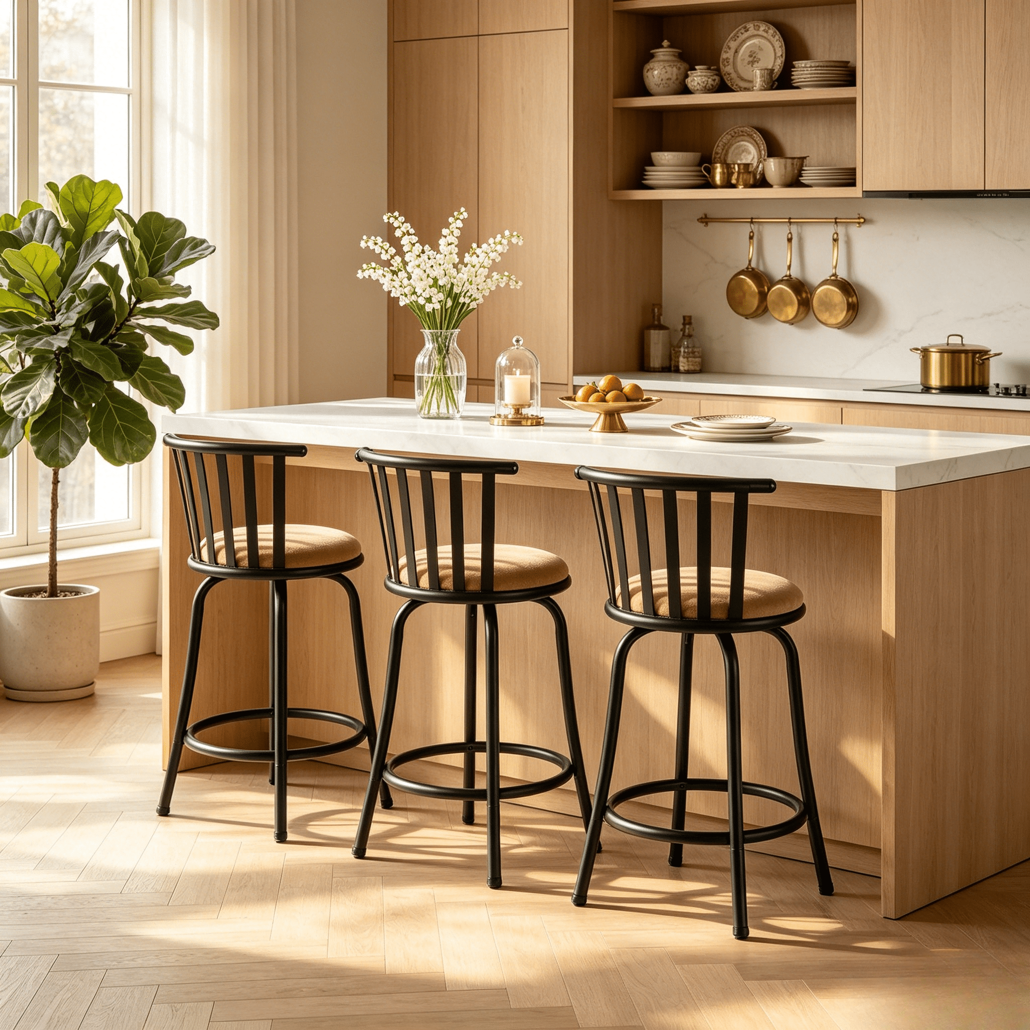 Homy Casa Swivel Counter Height Bar Stools Set of 3 with Back, Adjustable Upholstered Modern Bar Chairs for Kitchen Island, Brown