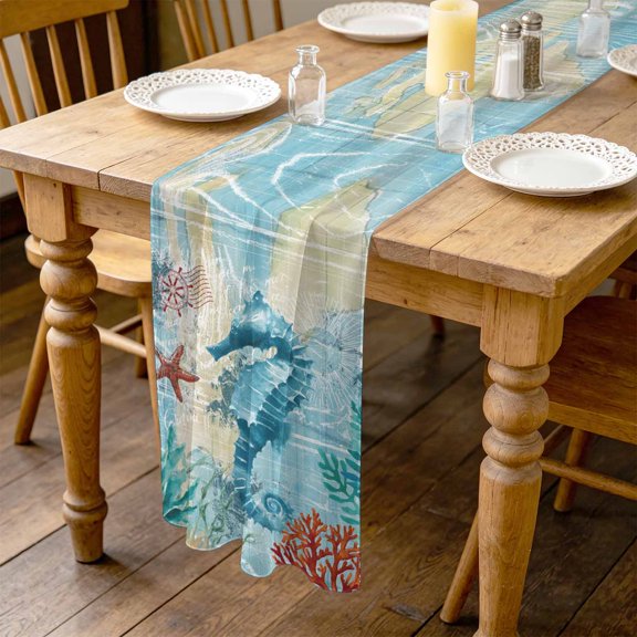 Marine Life 4.5ft Cheesecloth Table Runner for Dining 19"x55", Hippocampus Nautical Starfish Coral Seaweed Blue Ocean Kitchen Dinner Sheer Tulle Chiffon Dresser Scarf, Holiday Party Decorations