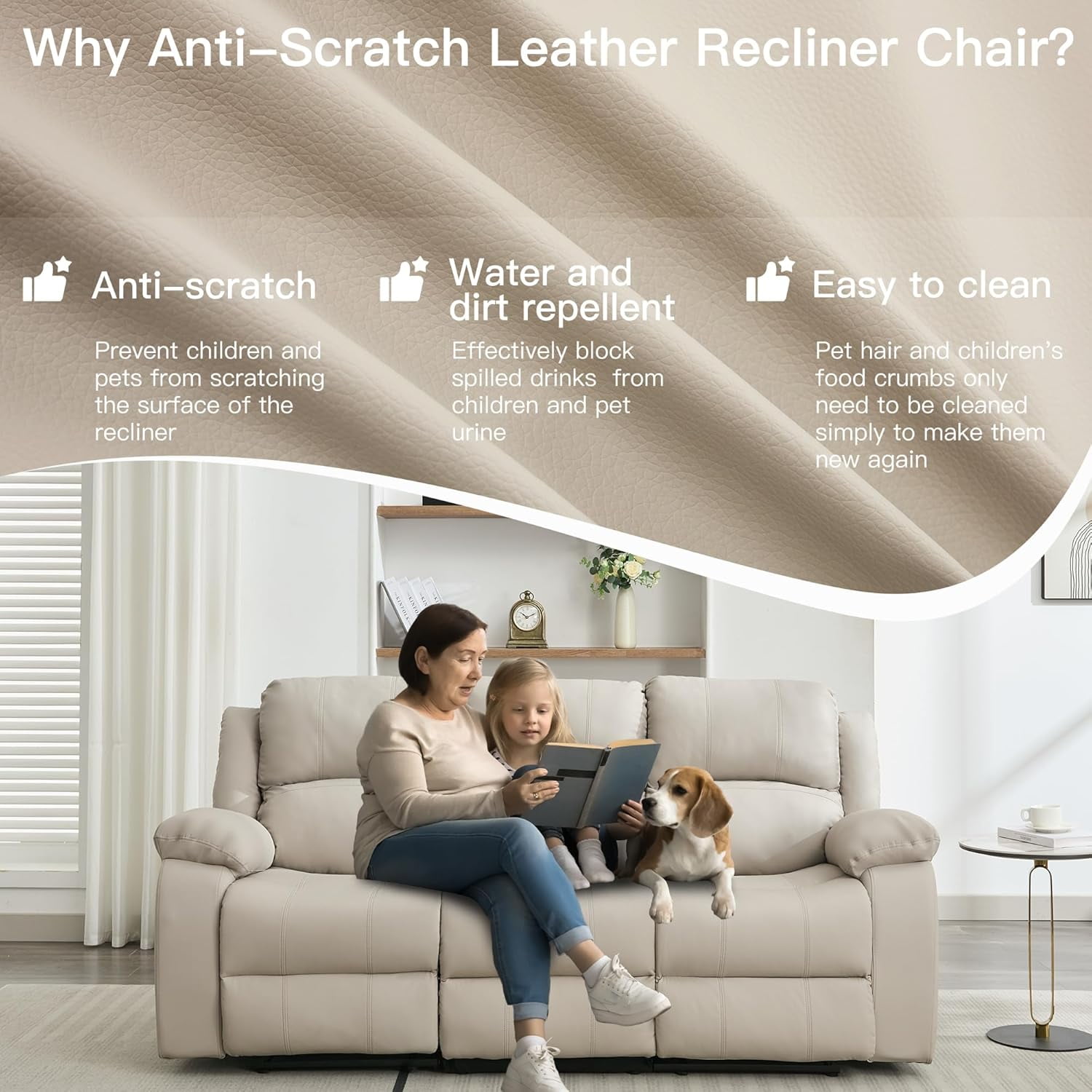 Chizzysit Reclining Couch Sleeper Sofa Set Chaise Lounge Chair Leather Recliner Couch Loveseat for Living Room, Theater Seating - Beige