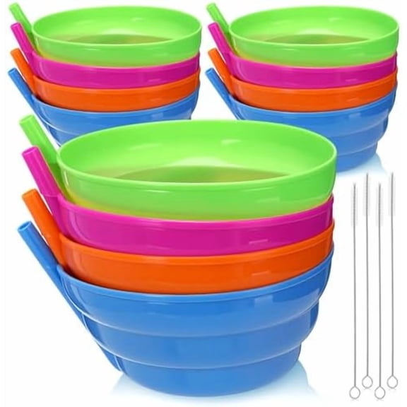 12 Pack Christmas Plastic Cereal Bowls with Straws Colored 16 oz Built-in Straw Bowl and 4 Cleaning Brushes Reusable Dishwasher for Breakfast Milk Soup Snack Salad Dessert Party Supplies