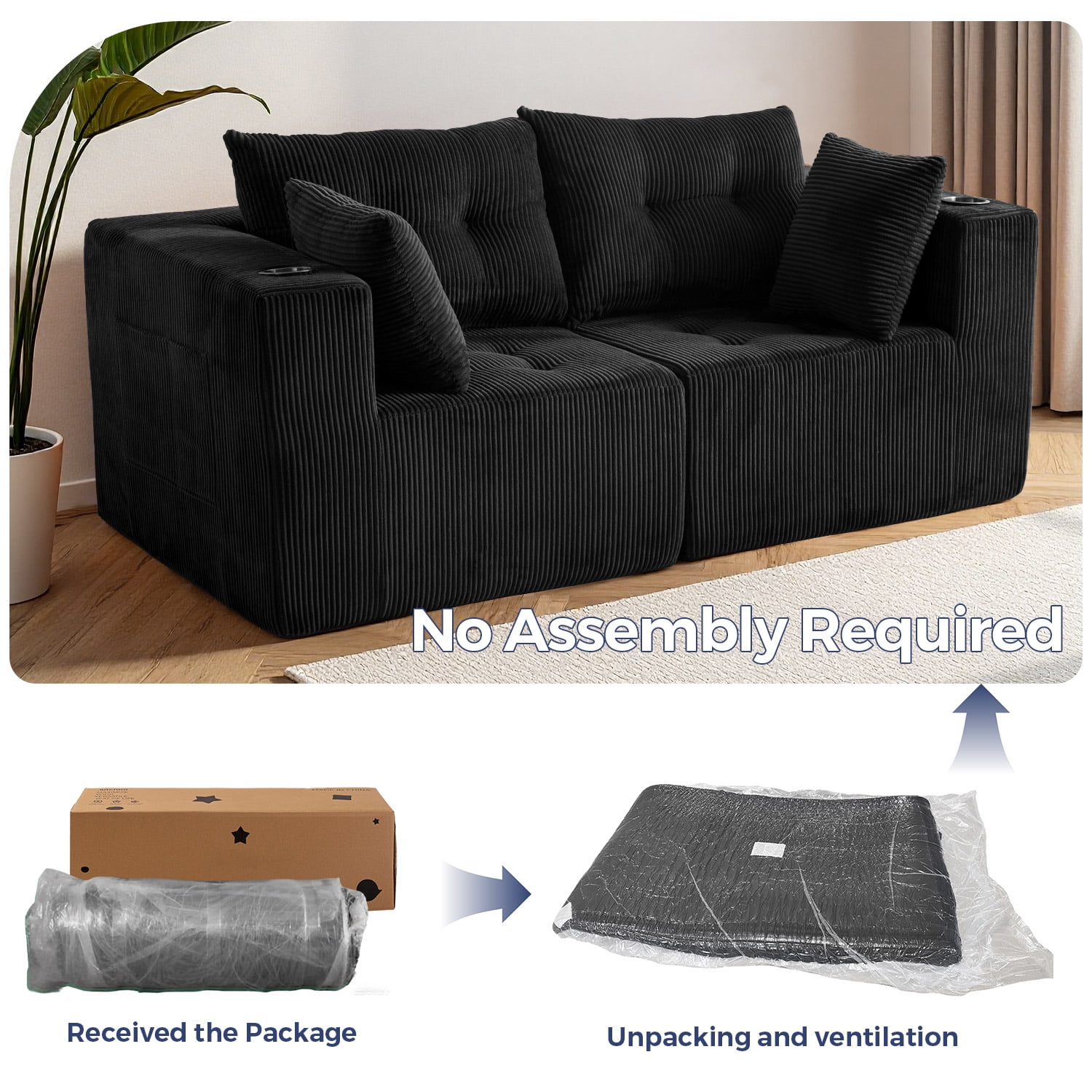 BYBYME 73"Oversized Loveseat Couch,2 Seat Sectional Corduroy Tufted Sofa,Upholstered Symmetrical Cloud Couch with Double Chaise,Wrap Around Sofa for Living Room Apartment Office,Sofa in A Box,Black