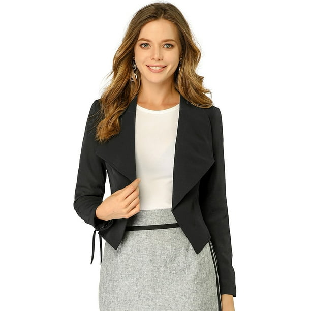 INSPIRE CHIC Chaqueta estilo cárdigan con frente abierto elegante para mujer, chaqueta recortada de oficina de trabajo Negro S