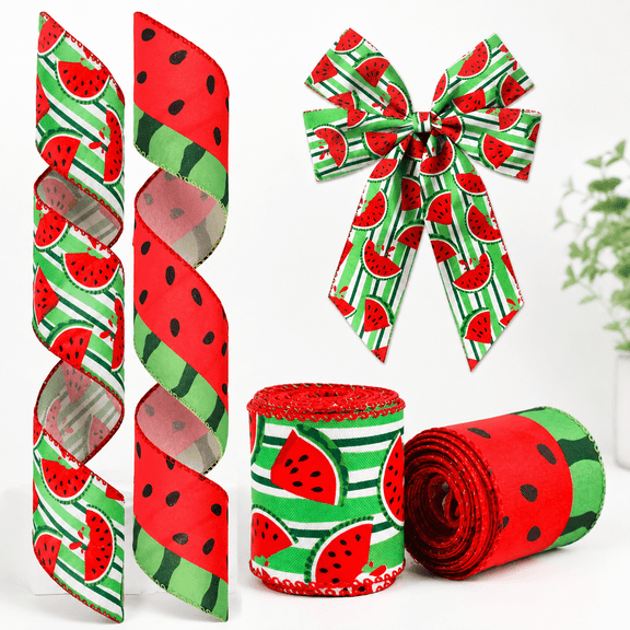 2 Rolls Summer Ribbons Wired for Wreath Bows Wrapping Gifts, Red Fruit Watermelon Ribbon for Gift Wrapping Party Decoration DIY Crafts, 2.5" X 10 Yards Summer Watermelon Wired Edge Ribbon