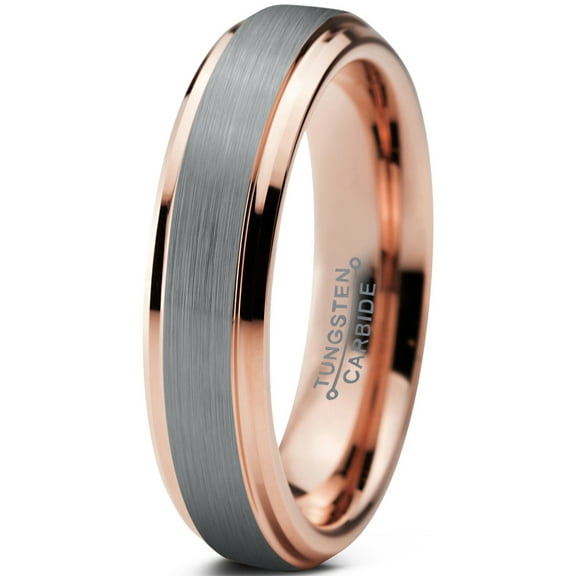 Charming Jewelers Tungsten Wedding Band Ring 4mm for Men Women Comfort Fit 18K Rose Gold Plated Beveled Edge Brushed Polished Lifetime Guarantee Size 4