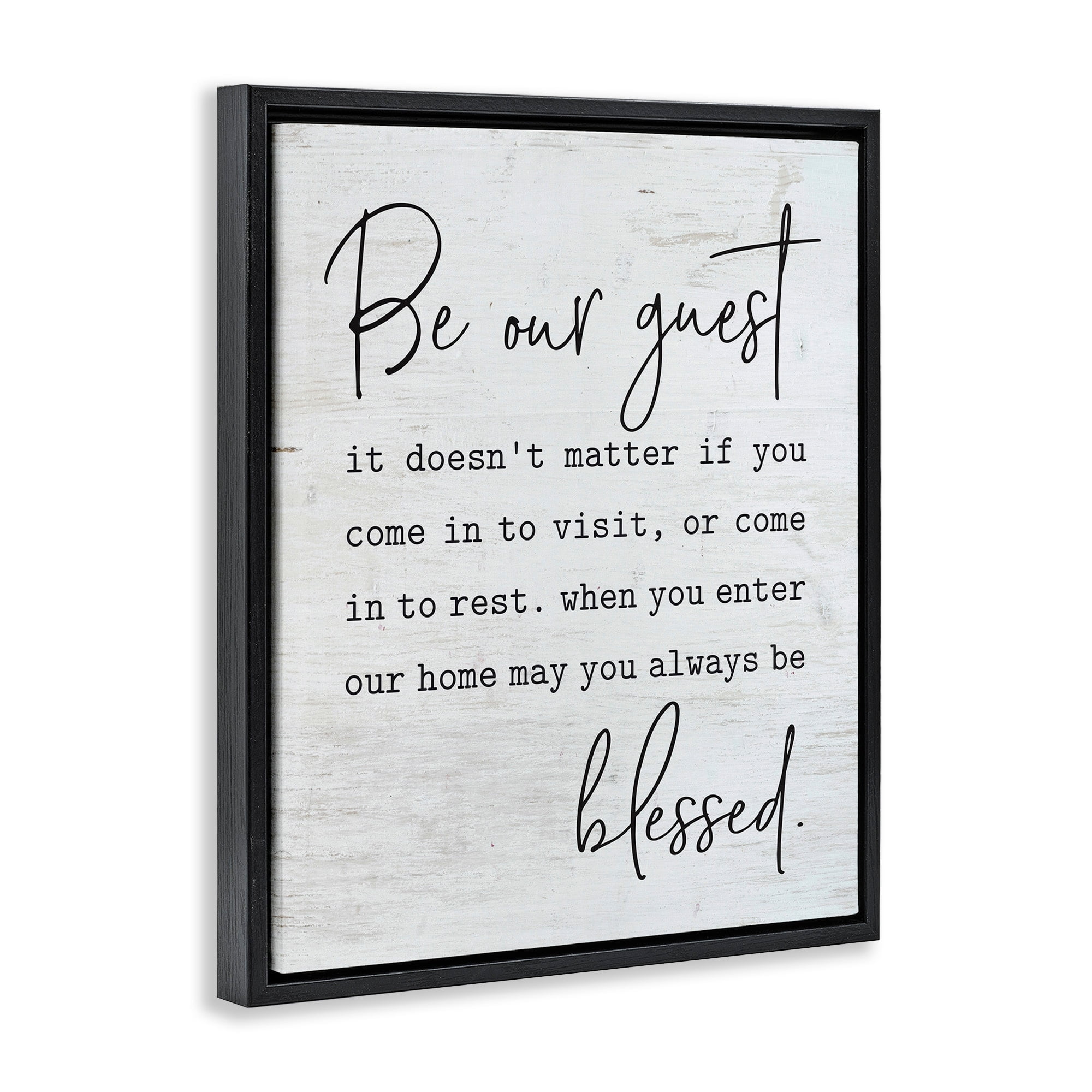 Stupell Industries Be Our Guest Home Family Inspirational Word On Wood Texture Design Jet Black Framed Floating Canvas Wall Art, 24x30, by Lettered and Lined