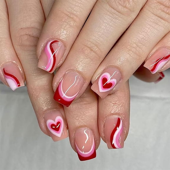 24 Pcs Valentines Day Press On Nails French Tip False Nails Glossy Heart Acrylic Nails Short Square on Nails