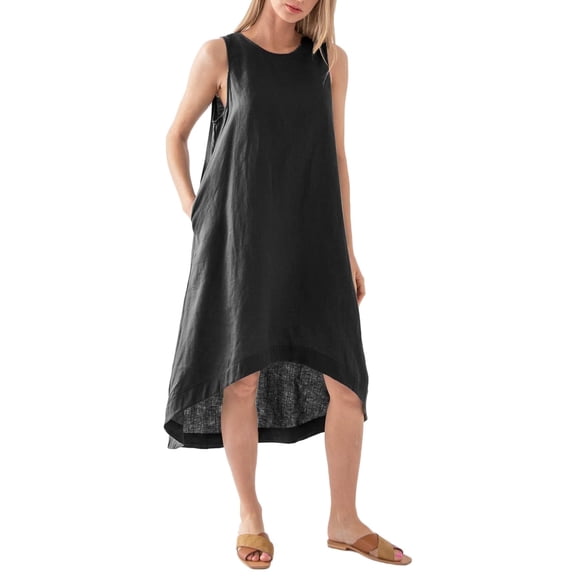 Amazhiyu Women’s 100% Linen High Low Midi Dress Sleeveless Summer Sundress Casual Flowy Dresses with Pockets
