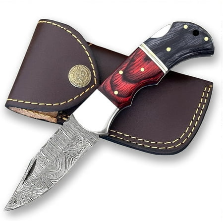 Poshland Damascus Pocket Knife For Men Handmade Folding Damascus Steel Knife with Sheath For Hunting Camping Hiking Wooden Handle Back Lock Knife