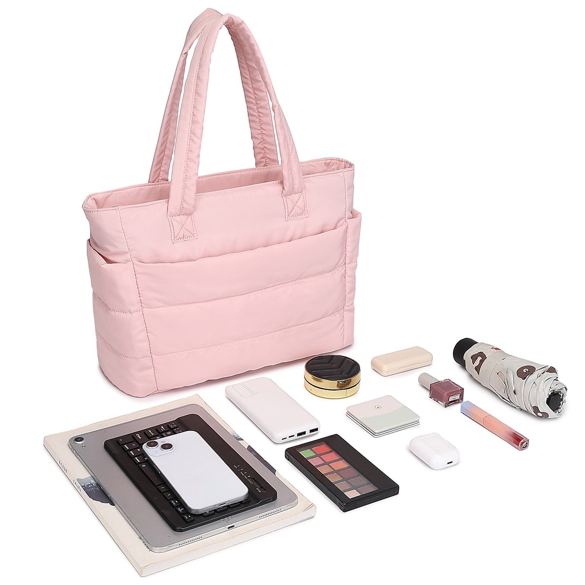 Puffer Tote Bag for Women, Large Shoulder Bag Handbag Work Travel 15.6" Laptop Bag, Quilted Computer Briefcase for Teacher Nurse Trolley Sleeve, Lightweight Puffy Soft Handbags for Beach, Gym