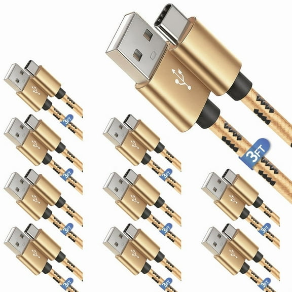 Afflux 10 Pack USB-A to USB-C Fast Charger Braided Type C Cable Compatible with iPhone 17 / 16 / 15 Pro Max Plus Air, Samsung Galaxy S25 S24 S23 Ultra, Google Pixel, iPad Pro, Universal (3ft, Gold)