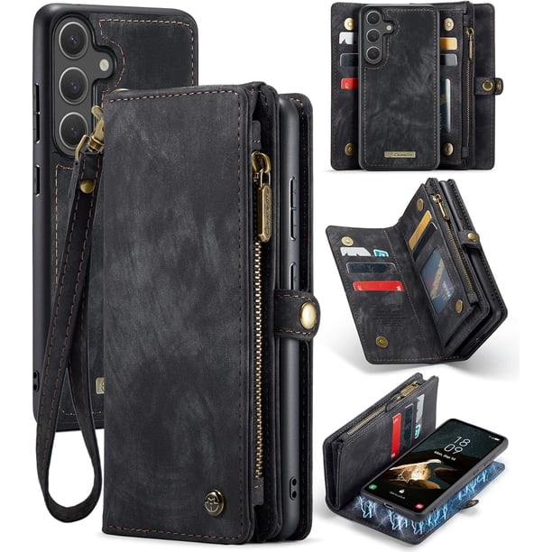 Funda billetera para Samsung Galaxy S25 Plus, Monedero con Cremallera, Billetera de Cuero en Folio con Tarjetero, Correa para la Muñeca, Funda Magnética Desmontable a Prueba de Golpes