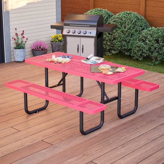 Bullenfity 72" Expanded Metal Rectangular Outdoor Picnic Table with Built-in Seating & Umbrella Hole, Red