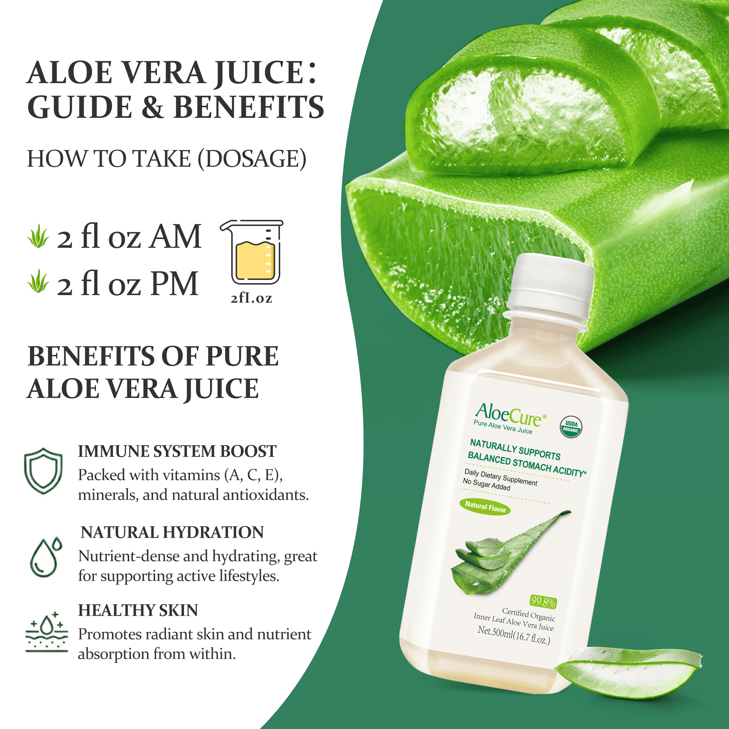 AloeCure USDA Organic Aloe Vera Juice Natural Flavor, Made Within 12 Hrs of  Harvest - Pure Aloe Juice Natural Acid Buffer, Supports Digestion, Immune  ...