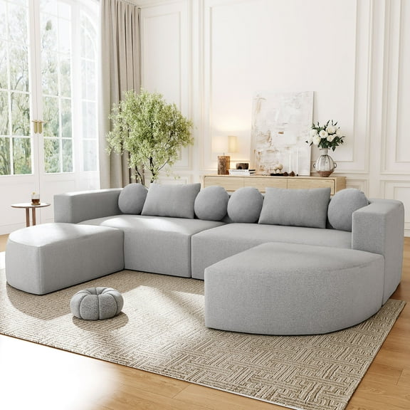 Miekor Furniture Boneless Couch Modular Sectional Sofa 114.9" Free-combined Sofa Couch Sofa Bed Compression Sofa with Deep Seating and Curved Design for Living Room, Grey MK7266