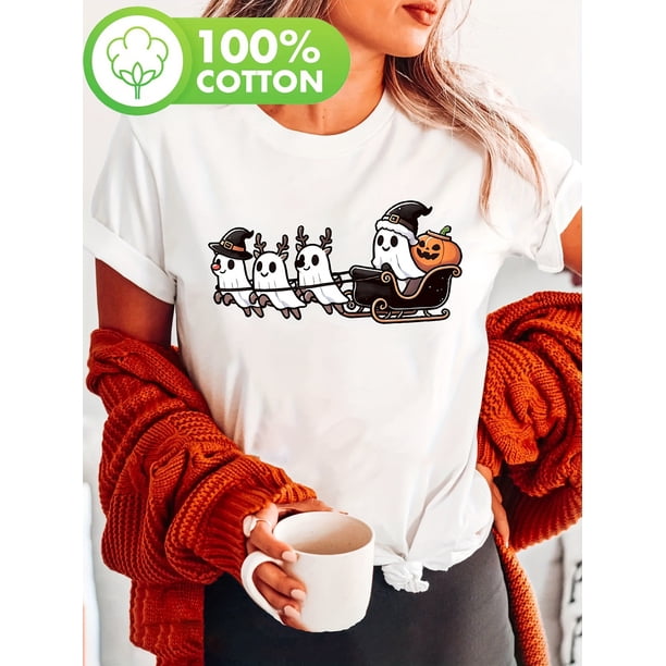 Women's Halloween Print T-Shirt - Soft 100% Short Sleeve Crew Neck Top, Casual Holiday Graphic Tee with Witch Hats & Pumpkins Design, Perfect for Festivities, Seasonal Fashion | Halloween Themed