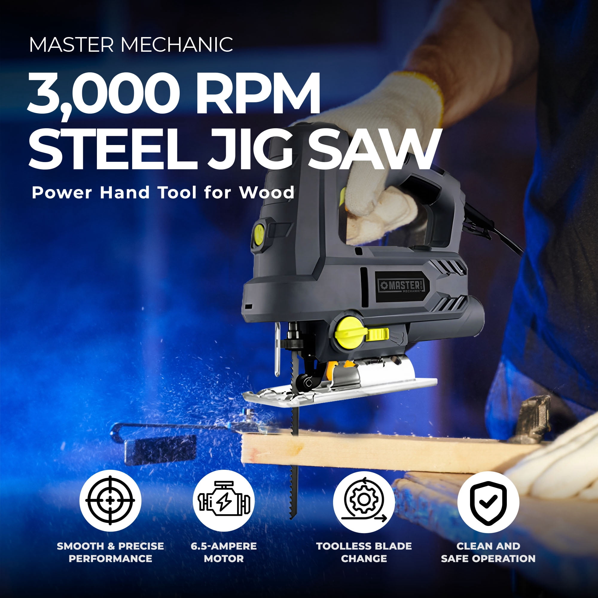 Master Mechanic 6.5 Amp 3,000 RPM Jig Saw Power Hand Tool for Wood, Gray