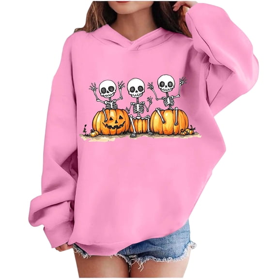 Riecok Cute Hoodies for Kids Halloween Skeleton Print Hooded Pullover Long Sleeve Spooky Season Sweatshirt Casual Fall Clothes