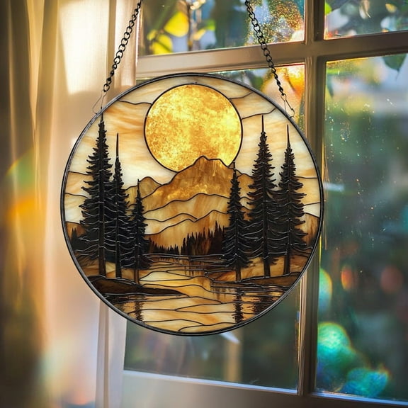 Mountain Sunset Stained Glass Suncatcher, Nature Landscape Window Hanging, Round Forest Glass Art, Rustic Cabin Decor Gift