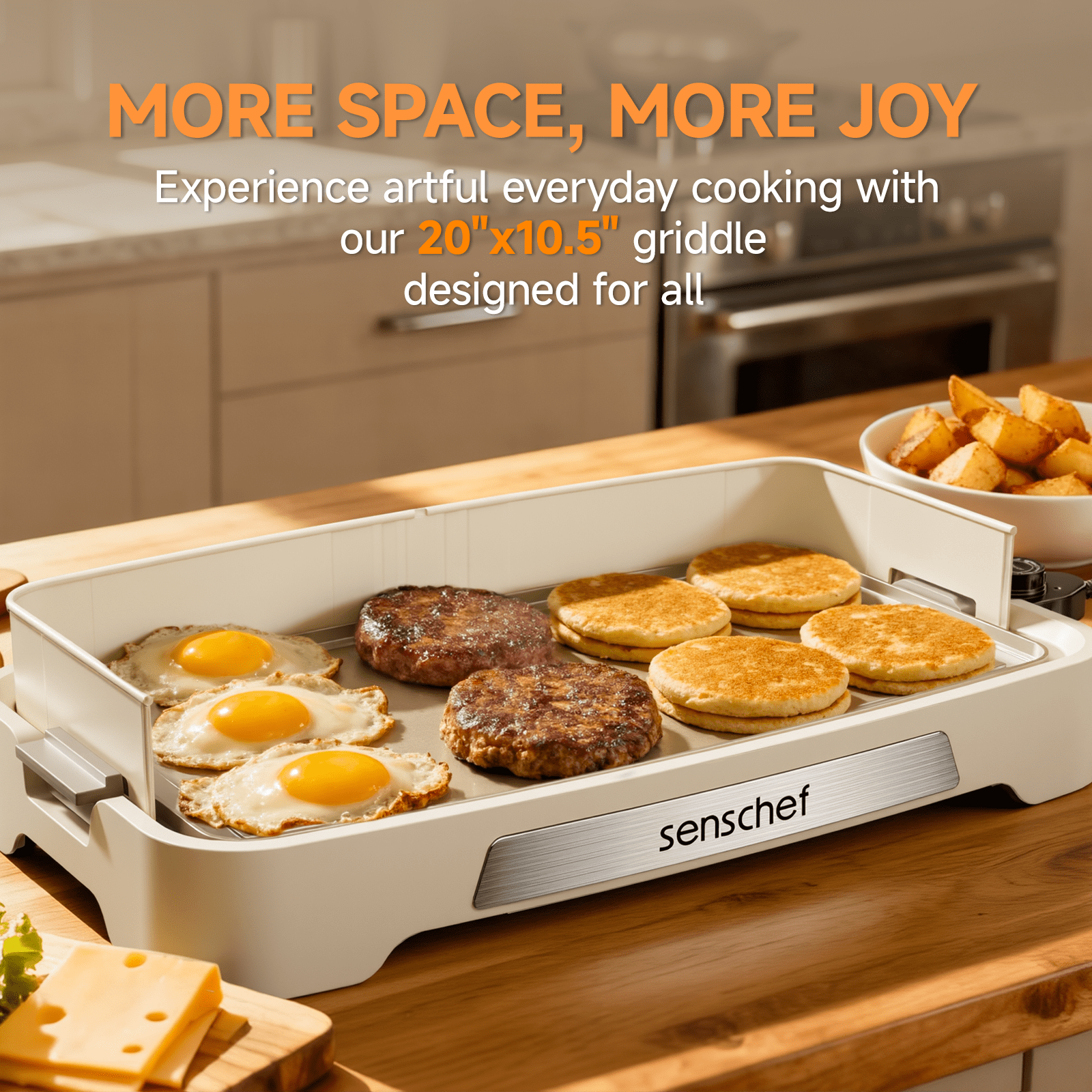SENSCHEF Cleansnap 20 inch Electric Griddle, Foldable Anti-Mess Shield, 1700W Rapid Heating, PPG Ceramic Nonstick, Dishwasher Safe, Great Gift, Vanilla Cream