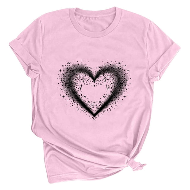 Meichang Chandails de la Saint-Valentin pour Femmes, T-Shirts Graphiques Mignons avec Cœur d'Amour, T-Shirts Décontractés à Manches Courtes, Hauts Tee à Col Rond, Coupe Ample, Chemisiers de la Saint-Valentin