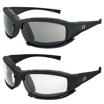 Alpha Omega 3 Motorcycle Sunglasses Foam Padded Riding Safety Glasses Z87.1 Convertible to Goggles for Men or Women 2 Pair Black Frame w/ Smoke & Photochromic Clear to Smoke Lenses