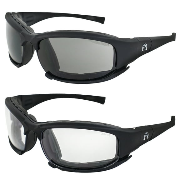 Alpha Omega 3 Motorcycle Sunglasses Foam Padded Riding Safety Glasses Z87.1 Convertible to Goggles for Men or Women 2 Pair Black Frame w/ Smoke & Photochromic Clear to Smoke Lenses