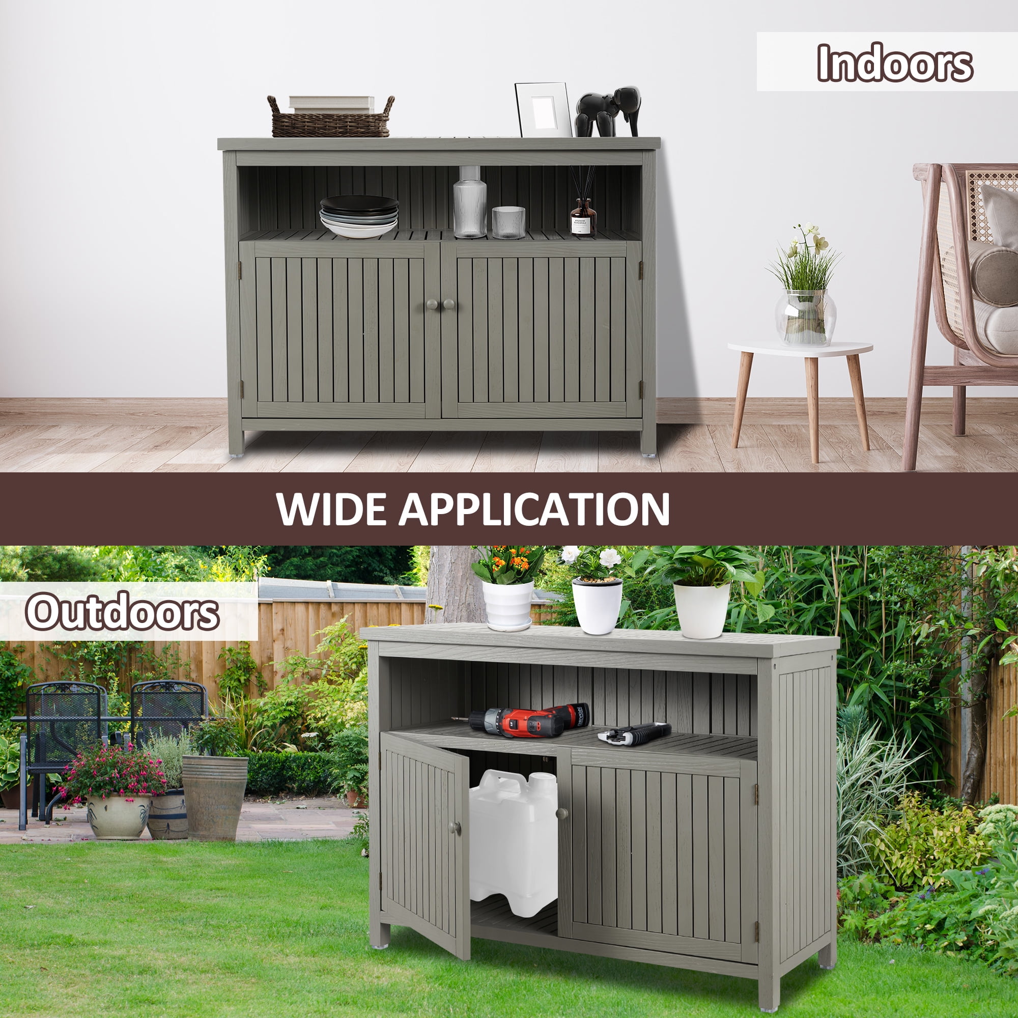 Outdoor Console Sideboards Buffet Cabinet, Solid Wood Storage Cabinet TV Stand,Furniture for Patio Entryway Deck(Grayish Green)