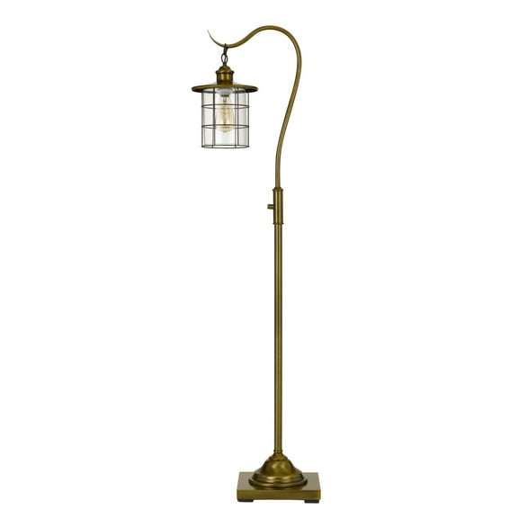 60 Inch Metal Downbridge Design Floor Lamp with Caged Shade, Antique Brass- Saltoro Sherpi