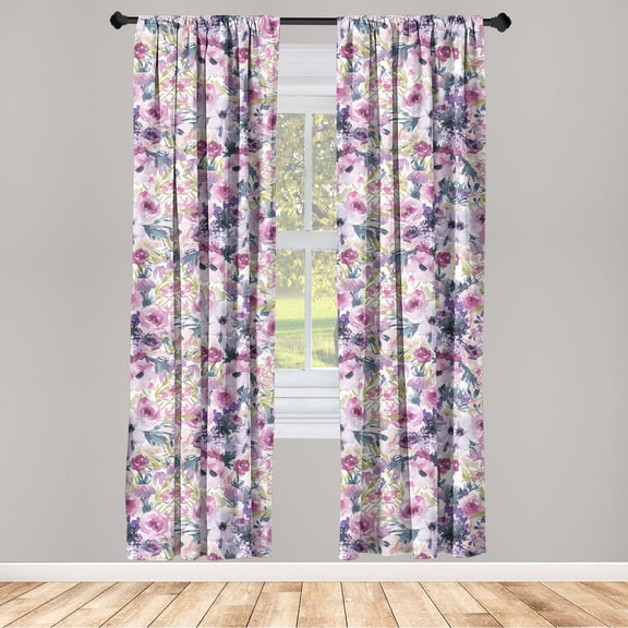 Floral Window Curtains, Watercolor Style Ornament Peony and Roses Blossoming Modern Botanical, Lightweight Decor 2-Panel Set with Rod Pocket, Pair of - 28"x63", Pale Fuchsia Blue Grey, by Ambesonne