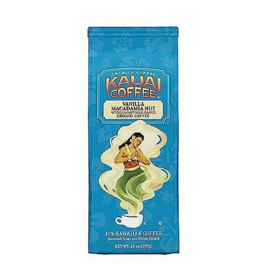 Kauai Hawaiian Ground Coffee, Vanilla Macadamia Nut Flavor (10 oz Bag) - 10% Hawaiian Coffee from Hawaii's Largest Coffee Grower - Bold, Rich Blend