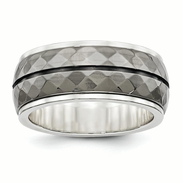 Bague à Rayures Noires avec Incrustation de Ti en Argent Sterling et Noir Taille 14