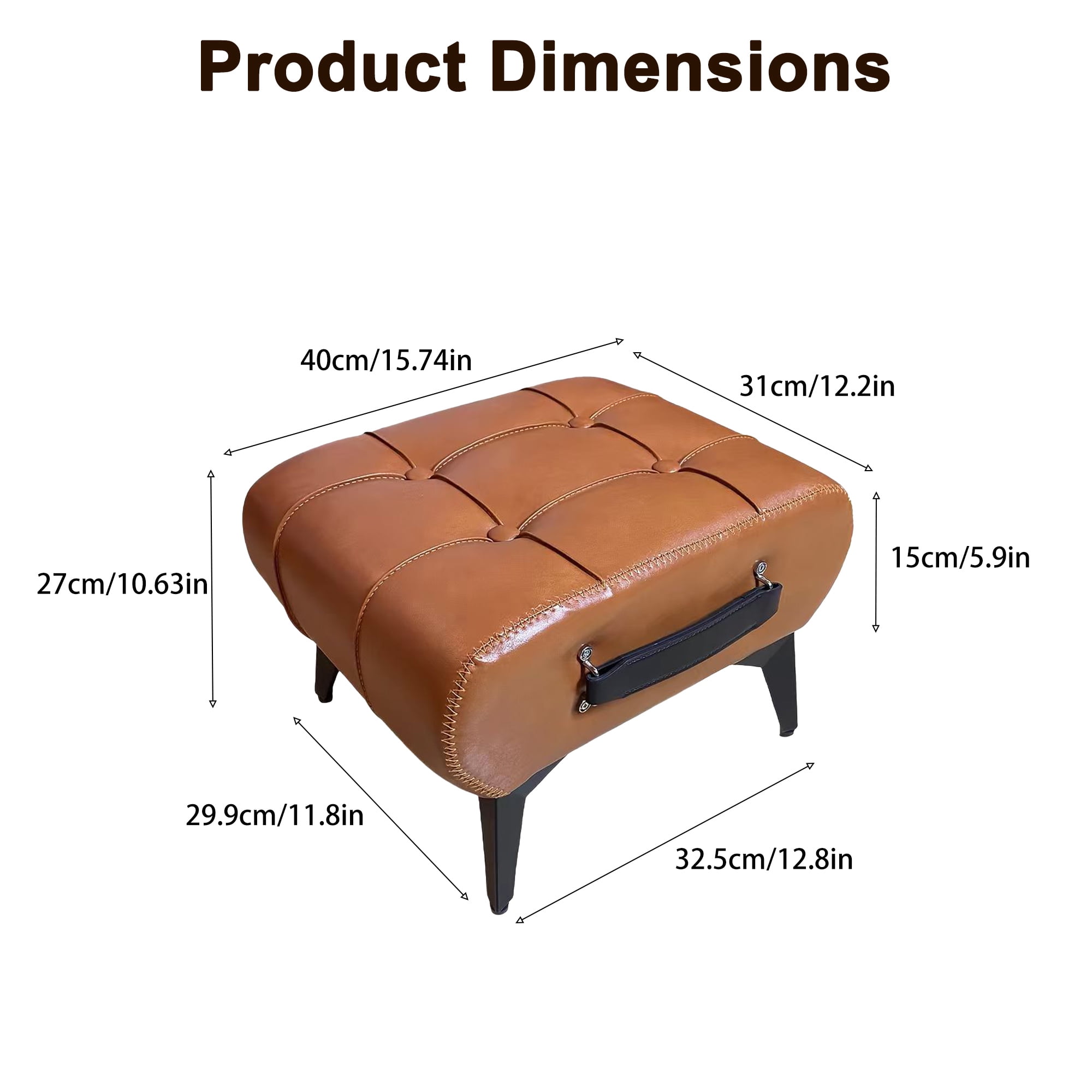 Leumius Modern Leather Stool with Hidden Storage,Portable Handles & Metal Legs,Square Footrest for Living Room,Orange