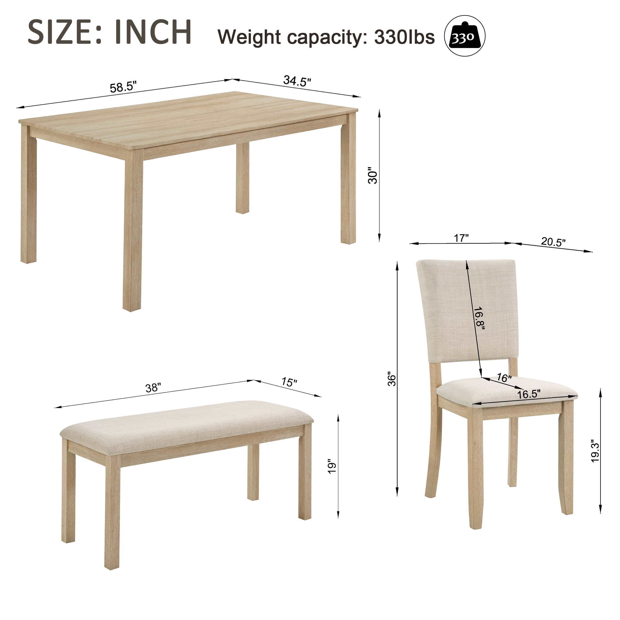 Gewnee Dining Set for 6,Farmhouse 6 Piece Dining Table Sets with Bench,Rectangle Wood Kitchen Table and 4 Upholstered Chairs.Light Oak & Beige