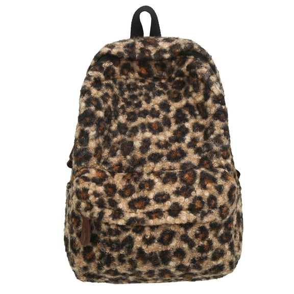KKLDOGS Fuzzy Leopard Print Backpack Soft Plush Casual Daypack Large Capacity Lightweight Travel Commute Shoulder Bag